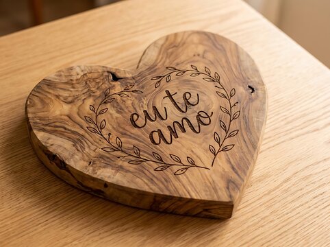 Rustic wooden heart sculpture with the portuguese message eu te amo engraved eu te amo portuguese romantic affection textured decoration valentine anniversary symbolic sentimental