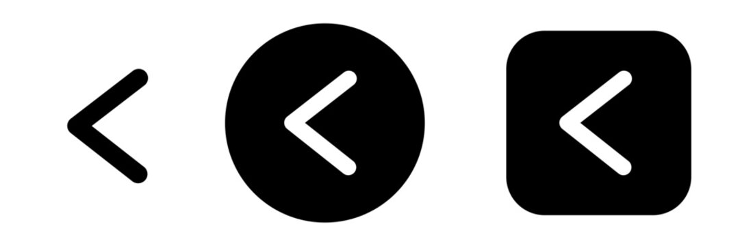 Previous button icon set with chevron left symbol. Back navigation and left arrow icons for web dashboards, menus and pagination