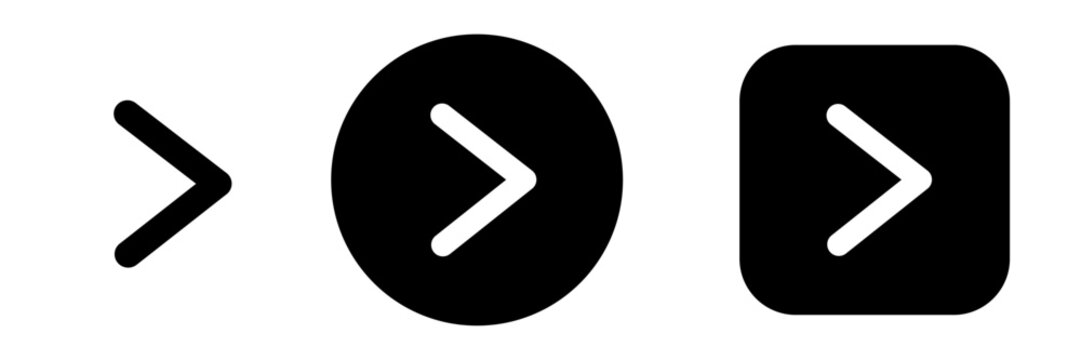 Next button icon set with chevron right symbol. Forward navigation and right arrow icons for web dashboards, menus and pagination