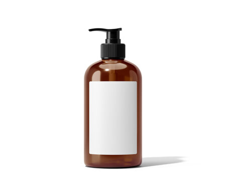 Amber Cosmetic Pump Bottle with white label, shampoo bottle, soap bottle Isolated On Transparent Background, Prepared For Mockup.