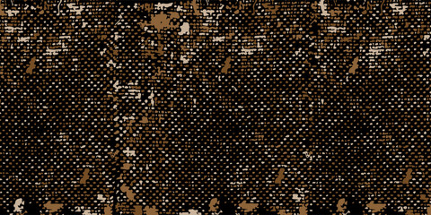 Abstract grunge halftone texture background featuring distressed brown and beige mesh pattern spots on a solid black canvas. © sofyanmardianto
