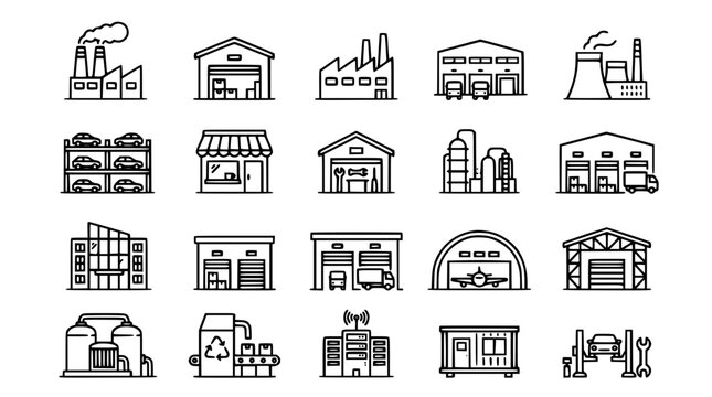 Industrial factory building and commercial warehouse line icon set containing storage depots manufacturing plants docks and supply chain infrastructure symbols vector