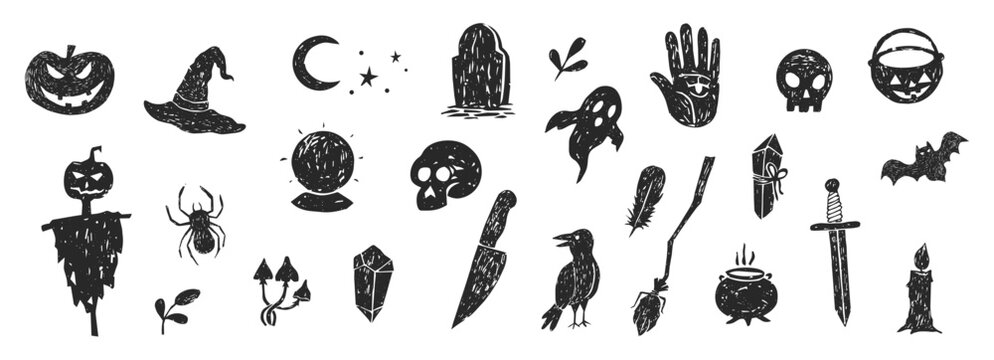 Halloween lino cut silhouette textured effect grunge linocut elements. Stamps and badges with spooky icons of ghosts, pumpkins, skulls, graves, poison bottles. 