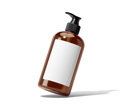 Amber Cosmetic Pump Bottle with white label, shampoo bottle, soap bottle Isolated On Transparent Background, Prepared For Mockup.