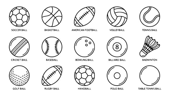 Comprehensive sports ball line icon set containing soccer basketball football cricket baseball golf rugby and table tennis training equipment symbols vector