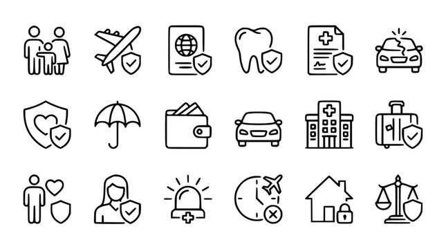Comprehensive commercial insurance and financial protection line icon set featuring health travel property auto life and dental coverage symbols vector