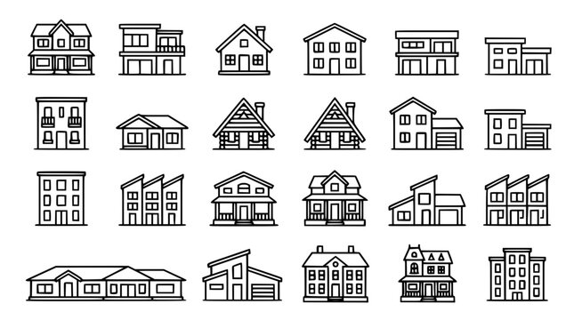 Residential house building and real estate property line icon set featuring diverse architectural home styles and apartment silhouettes vector