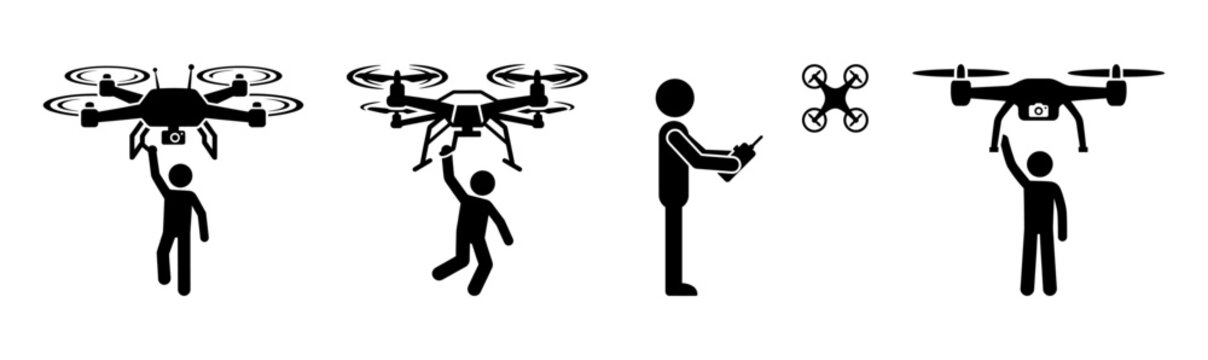 Drone operator flying and catching quadcopter vector icon set drone pilot remote control flight vector illustration silhouettes