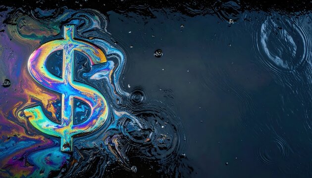 Colorful graffiti dollar sign reflection in water.