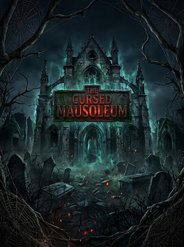 Gothic cursed mausoleum structure in dark foggy cemetery at night with mausoleum
