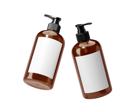 Amber Cosmetic Pump Bottle with white label, shampoo bottle, soap bottle Isolated On Transparent Background, Prepared For Mockup.