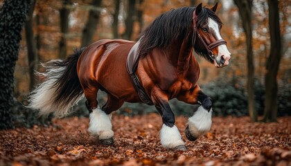 Fototapeta premium Clydesdale horse trotting gallantly through autumnal forest landscape with falling orange leaves.