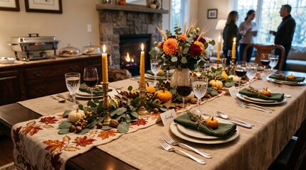 Elegant festive Thanksgiving holiday dinner table setup with beautiful autumn leaf runner burning candles wine glasses and decorative pumpkins at home.