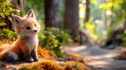 Fototapeta premium Small Fox Kit Sitting in a Lush Forest with Vivid Neon Doodle Elements