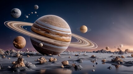 Naklejka premium Celestial Scene of Orbiting Planets and Glowing Asteroids in Space