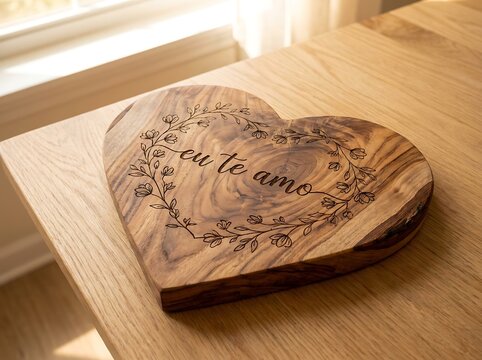 Wooden heart plaque engraved with eu te amo portuguese love message engraved decoration anniversary valentine portuguese affection sentiment handmade ornament beautiful textured