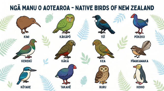 Educational poster with cartoon illustrations of native birds of New Zealand with Maori names on background with leaves