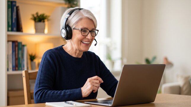 Smiling senior woman with glasses and headset working on laptop at home office, happy mature female operator or remote employee consulting client online via video call customer support service.