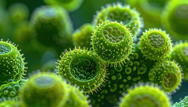 Microscopic Green Organisms with Spiky Texture.