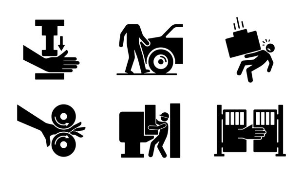 Industrial Safety Icons: Crushing, Pinching, Falling Objects, Entanglement, Machinery Hazards