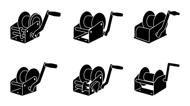 Manual Winch Icons Set, Mechanical Lifting Device Vector Graphics, Industrial Equipment Collection