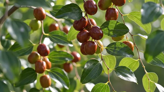 Clusters of jujube fruit hanging on tree with green leaves in soft sun. Fresh idea reinforced via freshness cues and just-picked tone for produce labels, wellness content, recipe cards, social concept