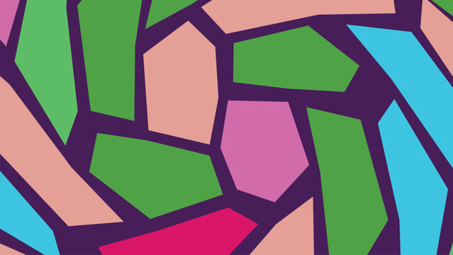Stained glass style geometric composition featuring interconnected irregular polygon shapes in bright colors with dark outlines modern backdrop.