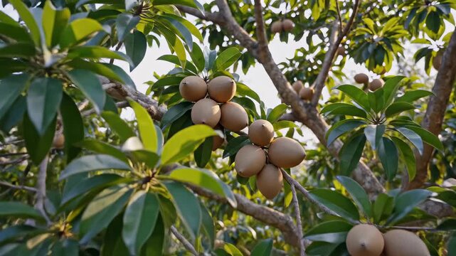 Sapodilla fruits on tree branch among green leaves in daylight. Sapodilla theme reinforced through chikoo and sapota wording for farm marketing, education content, social concepts