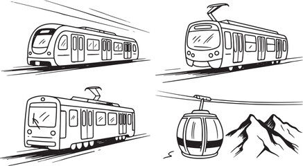 Public Transport Vector Set - Modern Train, Tram, Metro, and Cable Car Line Art Illustrations © Mohammod Foysal SSF.