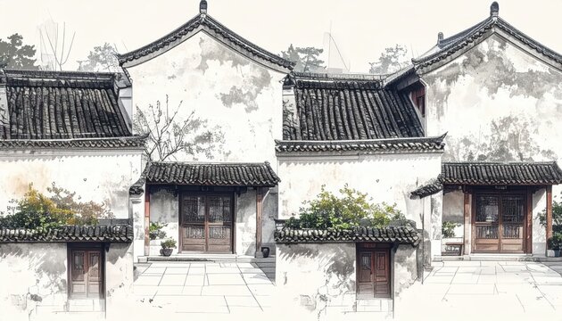 Row of Traditional White Walled Houses with Dark Tile Roofs.