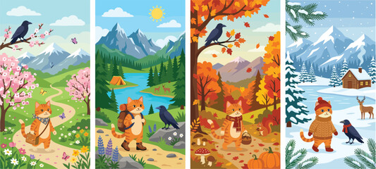 Obraz premium Cute cartoon kitty and crow character exploring seasonal wildlife scenes featuring cherry blossoms summer hiking fall foliage and winter snow
