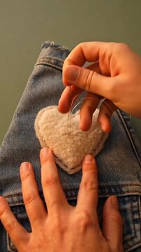 Person sewing heart patch onto denim jacket close up.