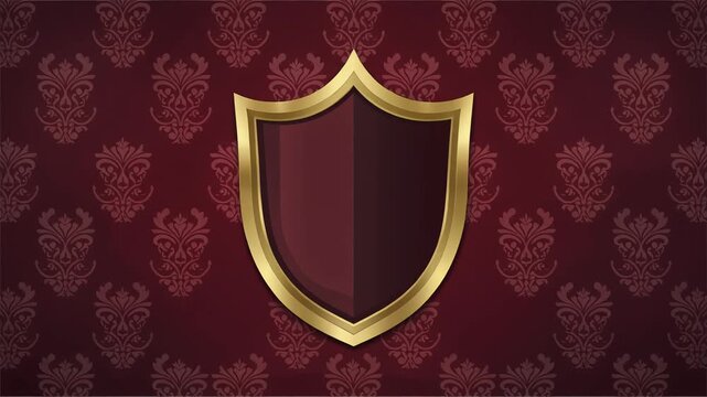 Golden shield emblem featuring a royal dark red damask pattern in a smooth motion animation clip