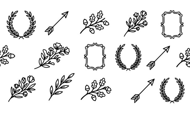 Modern minimalist black monoline vintage design elements set with clean laurel frames and arrows