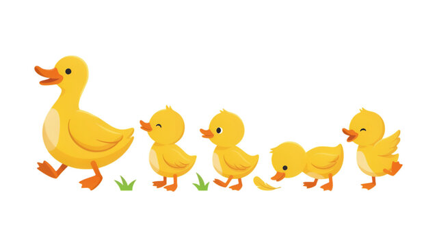 Four cute yellow ducklings following a mother duck in a simple line