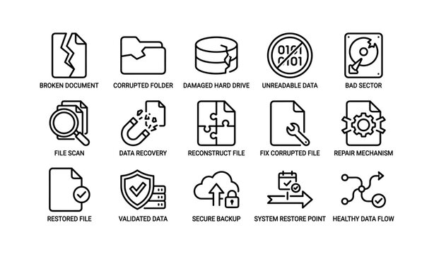 File recovery and data repair icons arranged on white background