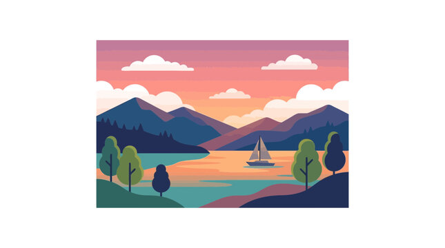 A peaceful sailboat traverses the calm waters of a wide mountain lake under a radiant pink evening sunset sky featuring fluffy clouds and rolling forested hills that create a tranquil natural