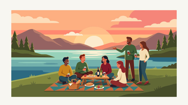 A diverse group of cheerful friends enjoys a scenic outdoor picnic by the calm water while the sun sets behind the mountains creating a warm and peaceful atmosphere for everyone gathering