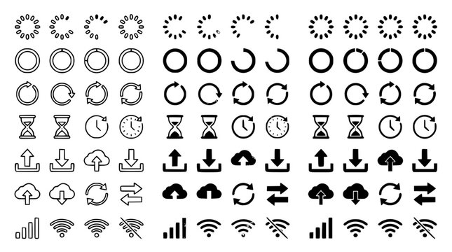 Collection of user interface loading buffer upload download and internet signal icons isolated on white background for mobile application website design vector illustration