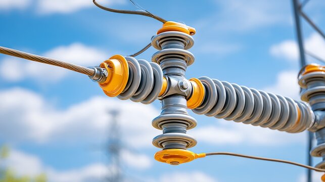 High Voltage Insulator on Transmission Tower with Blue Sky Background