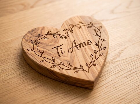Heart shaped olive wood plaque with italian inscription ti amo romantic engraved valentines affection relationship anniversary marriage handmade sentiment thoughtful keepsake