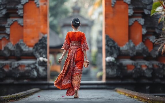Traditional Balinese Woman in Ceremonial Kebaya Walking Through Temple Gate