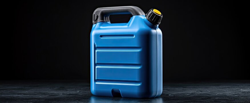 A blue plastic container with a black handle and cap sits on a dark surface