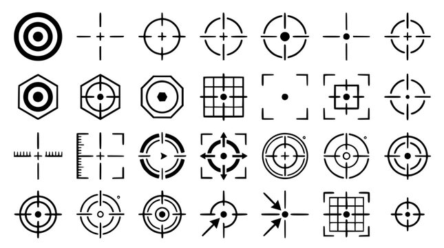 Collection of black target aim crosshair line icons and sniper sight scope symbols isolated on white background for gaming interface design vector illustration
