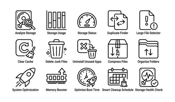 Disk maintenance and cleanup icons shown on white background