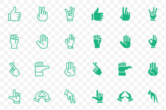 Gestures set icon. Raised fingers, open hands, thumbs, waves, index points, palm displays, and communication hand signs in minimal outline showing pack of different hands gestures and signs set. EPS10