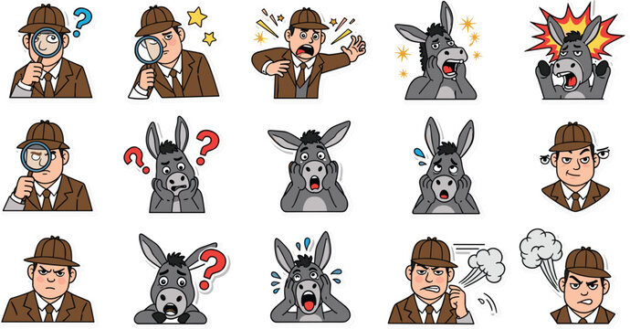 Funny inspector and anxious mule character heads bundle showing shock anger confusion and surprise icons