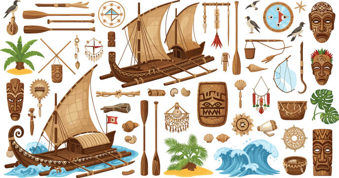 Hawaiian and Maori culture illustration collection featuring vintage sailing boats native totems sea shells design elements isolated on white