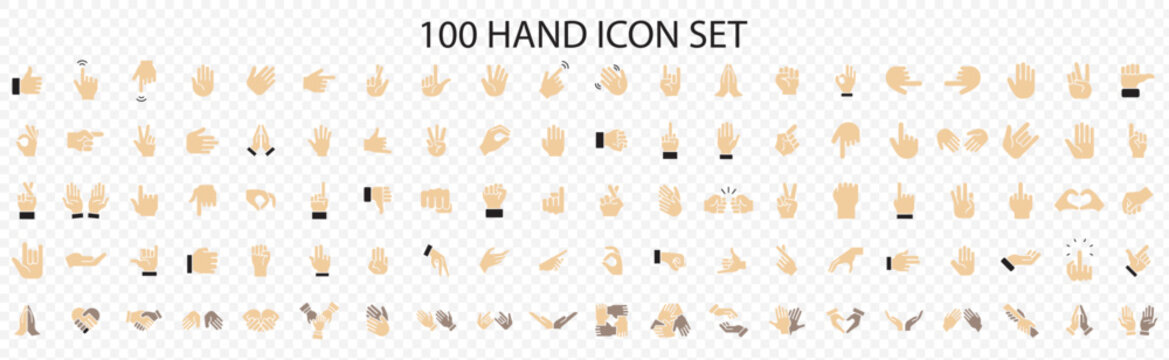 100 Hand Gesture Icon Set &ndash; Outline & Filled Vector Collection.
Includes thumbs up, pointing, OK, peace, finger heart, click, touch, stop, clap, wave, and more. EPS 10.