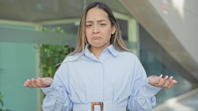 Woman with palms up shrugging and frowning at a modern building entrance wearing a striped shirt with visible belt buckle; uncertainty doubt.